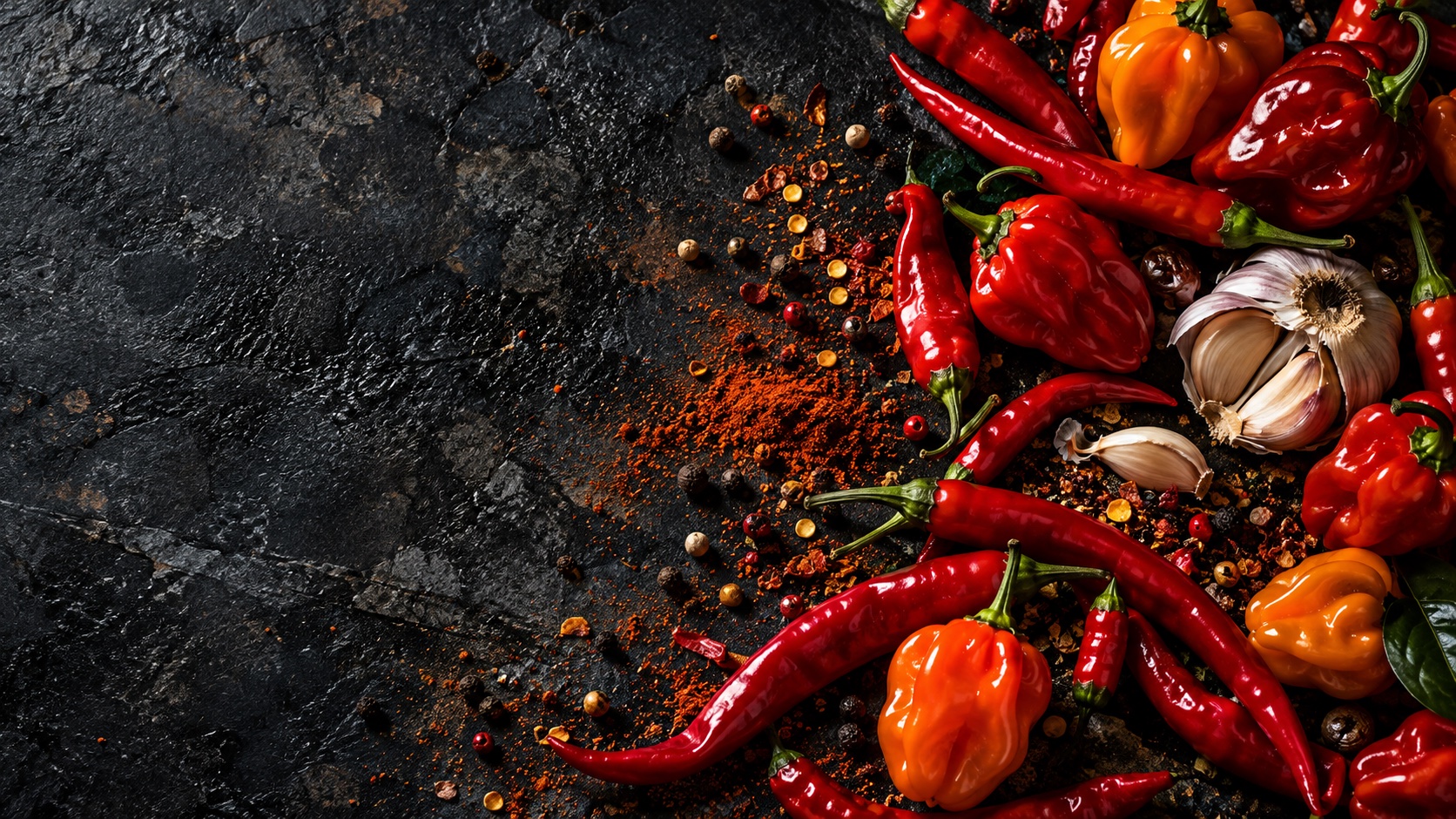 Red and orange chilli peppers, garlic, and scattered spices on a dark textured surface